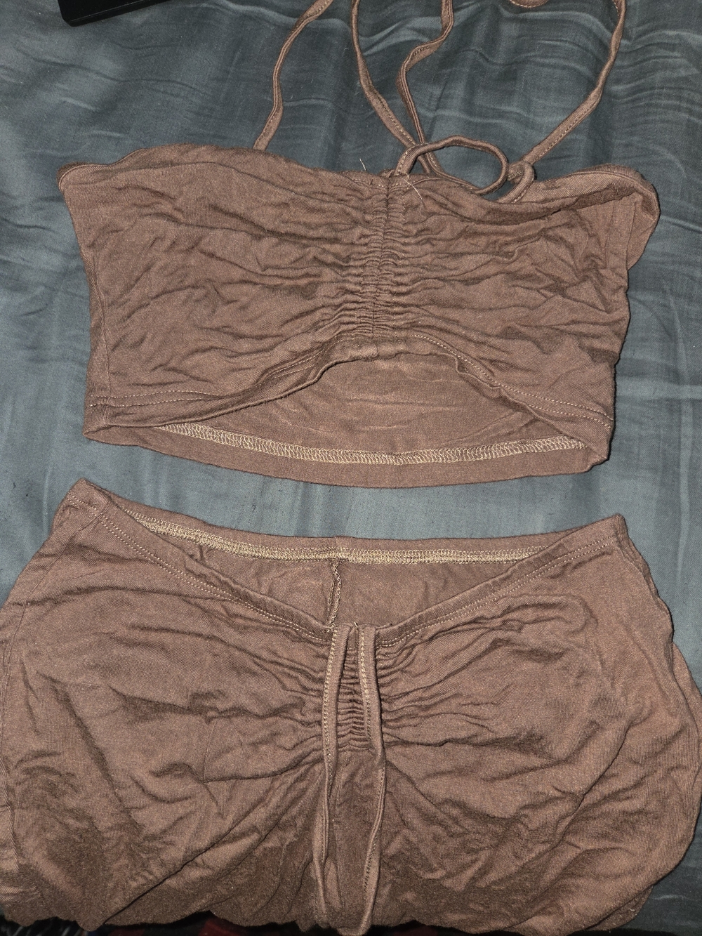 SHEIN Chocolate Brown Ruched Crop Tank And Pants